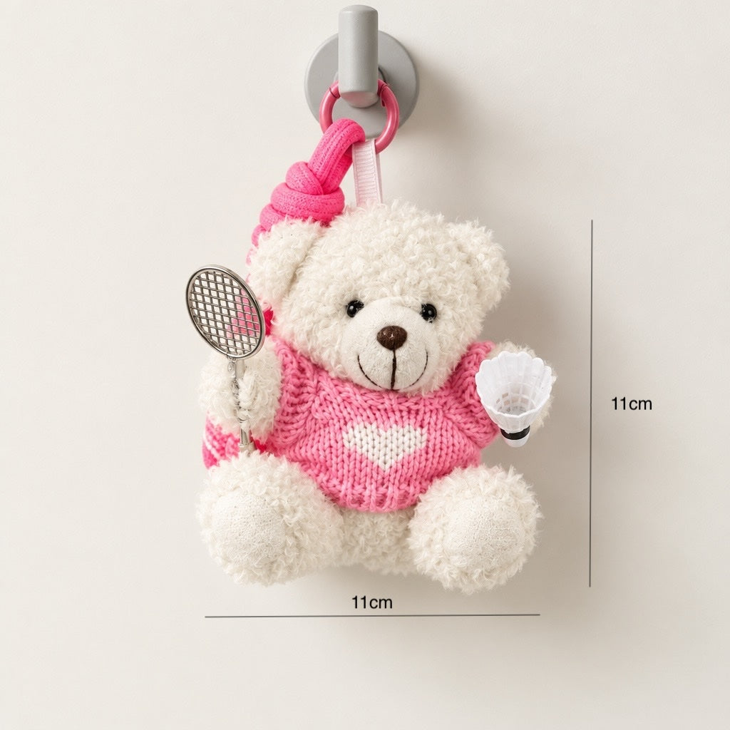 Cute Plush Bear Badminton Bag Charm / Mini Racket & Shuttlecock Keychain Gift