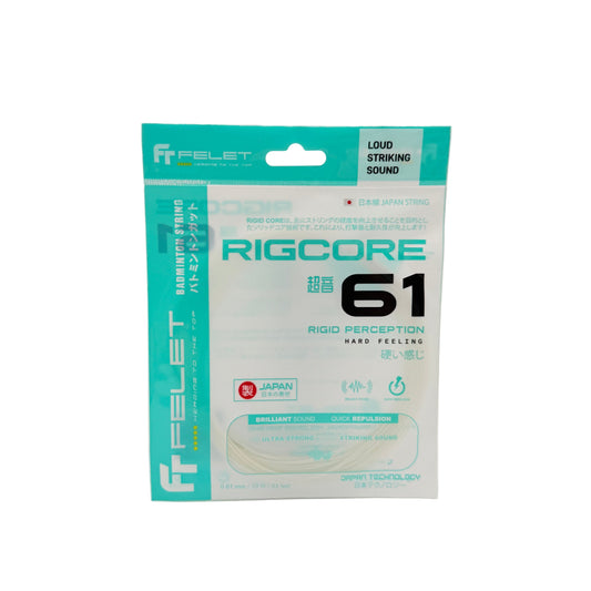 Packaged badminton strings with 'Felet Rigcore 61' branding on a white background
