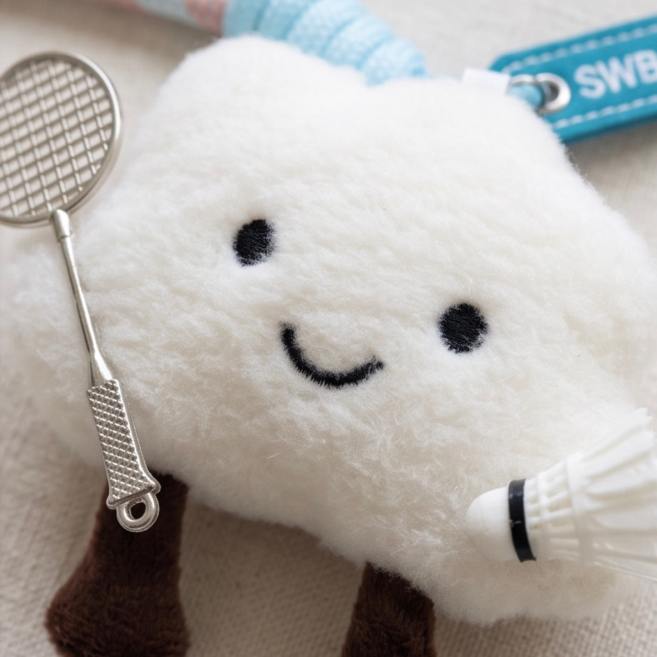 Cute Cloud Plush Badminton Bag Charm / Mini Racket & Shuttlecock Keyring