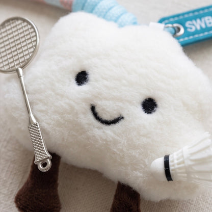 Cute Cloud Plush Badminton Bag Charm / Mini Racket & Shuttlecock Keyring