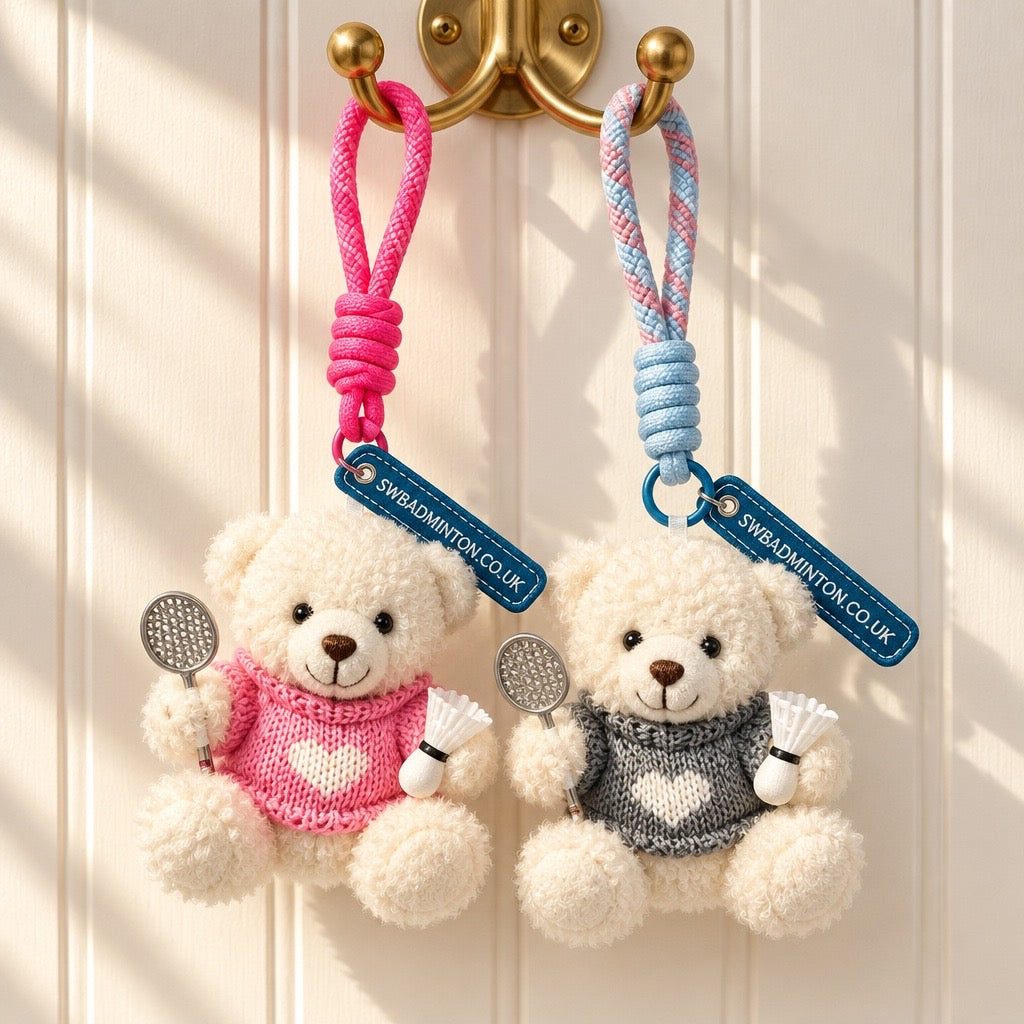 Cute Plush Bear Badminton Bag Charm / Mini Racket & Shuttlecock Keychain Gift