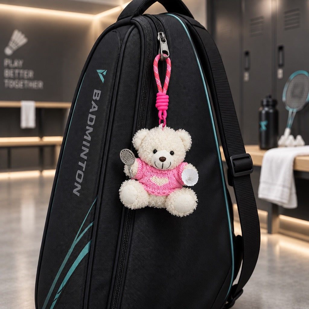 Cute Plush Bear Badminton Bag Charm / Mini Racket & Shuttlecock Keychain Gift