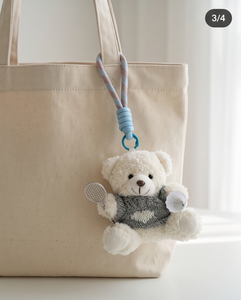 Cute Plush Bear Badminton Bag Charm / Mini Racket & Shuttlecock Keychain Gift