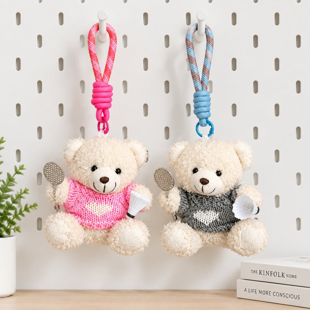 Cute Plush Bear Badminton Bag Charm / Mini Racket & Shuttlecock Keychain Gift