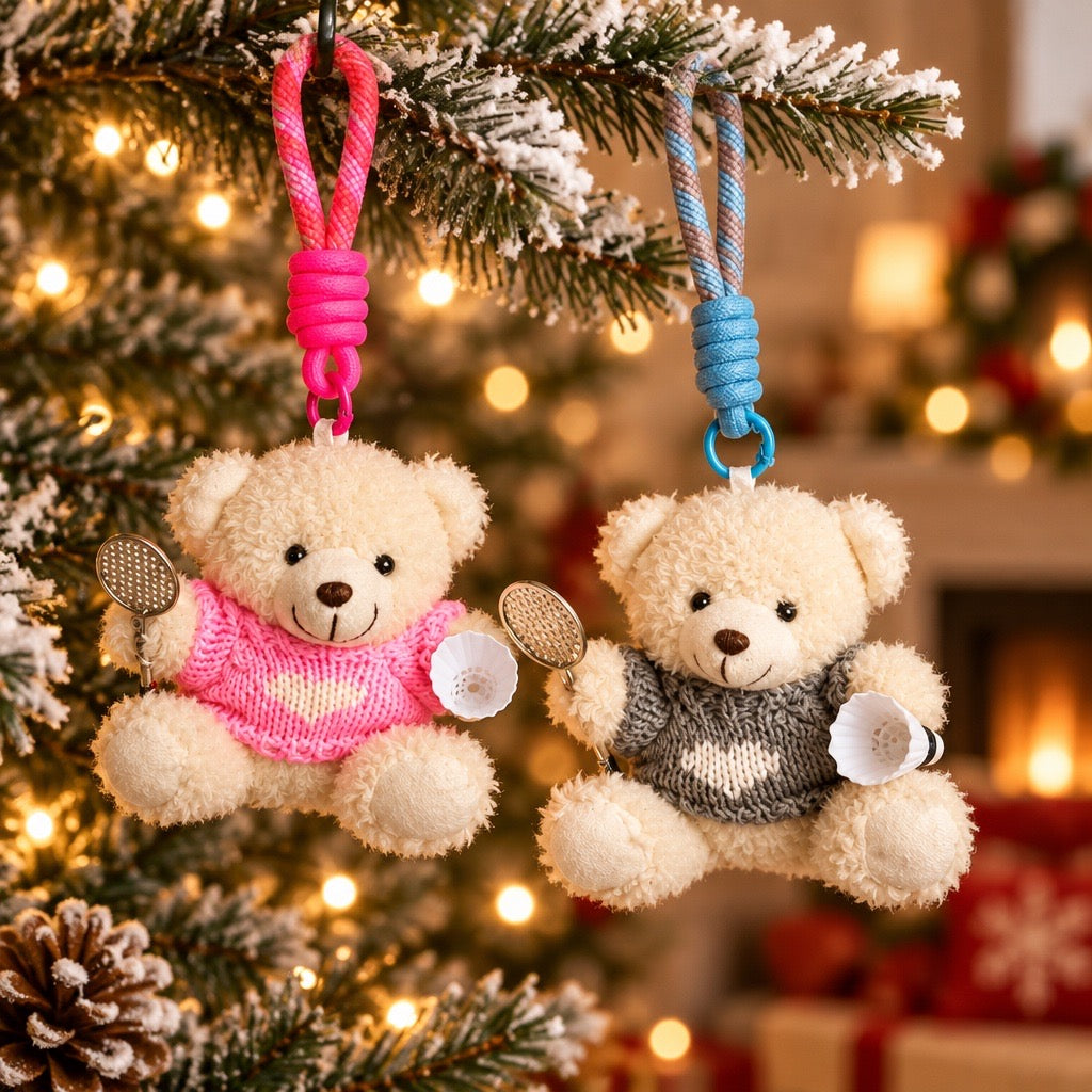 Cute Plush Bear Badminton Bag Charm / Mini Racket & Shuttlecock Keychain Gift