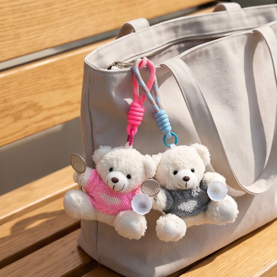 Cute Plush Bear Badminton Bag Charm / Mini Racket & Shuttlecock Keychain Gift