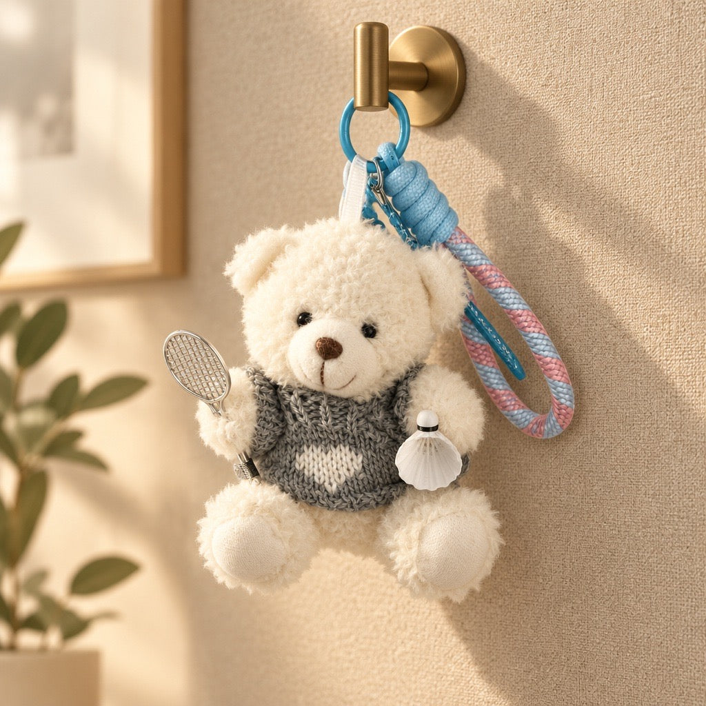 Cute Plush Bear Badminton Bag Charm / Mini Racket & Shuttlecock Keychain Gift