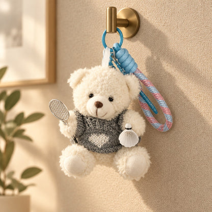 Cute Plush Bear Badminton Bag Charm / Mini Racket & Shuttlecock Keychain Gift
