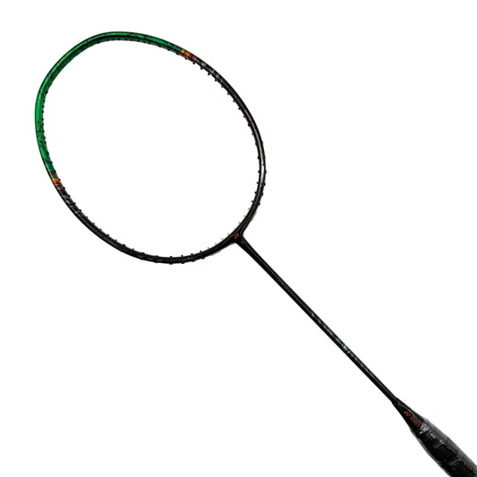 Badminton racket with black and green colour on a white background